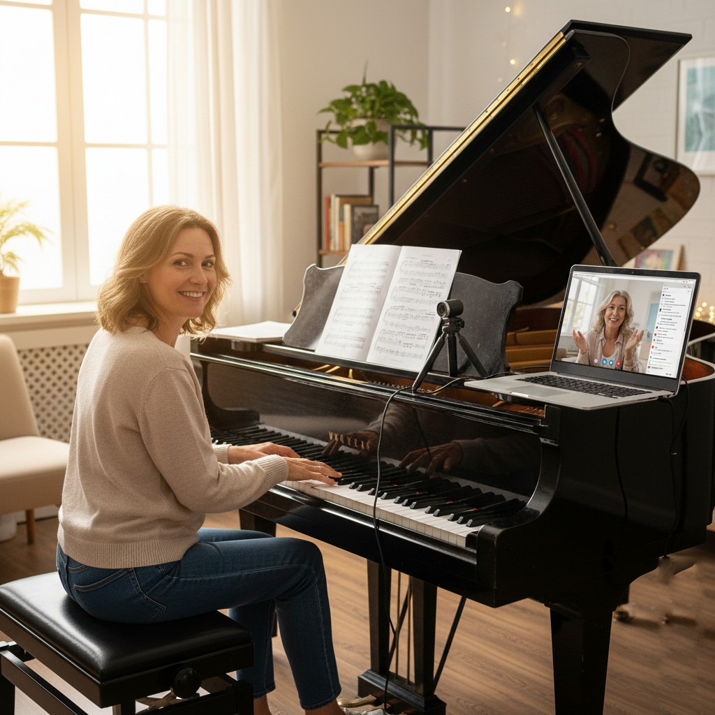Music tutor teaching piano online
