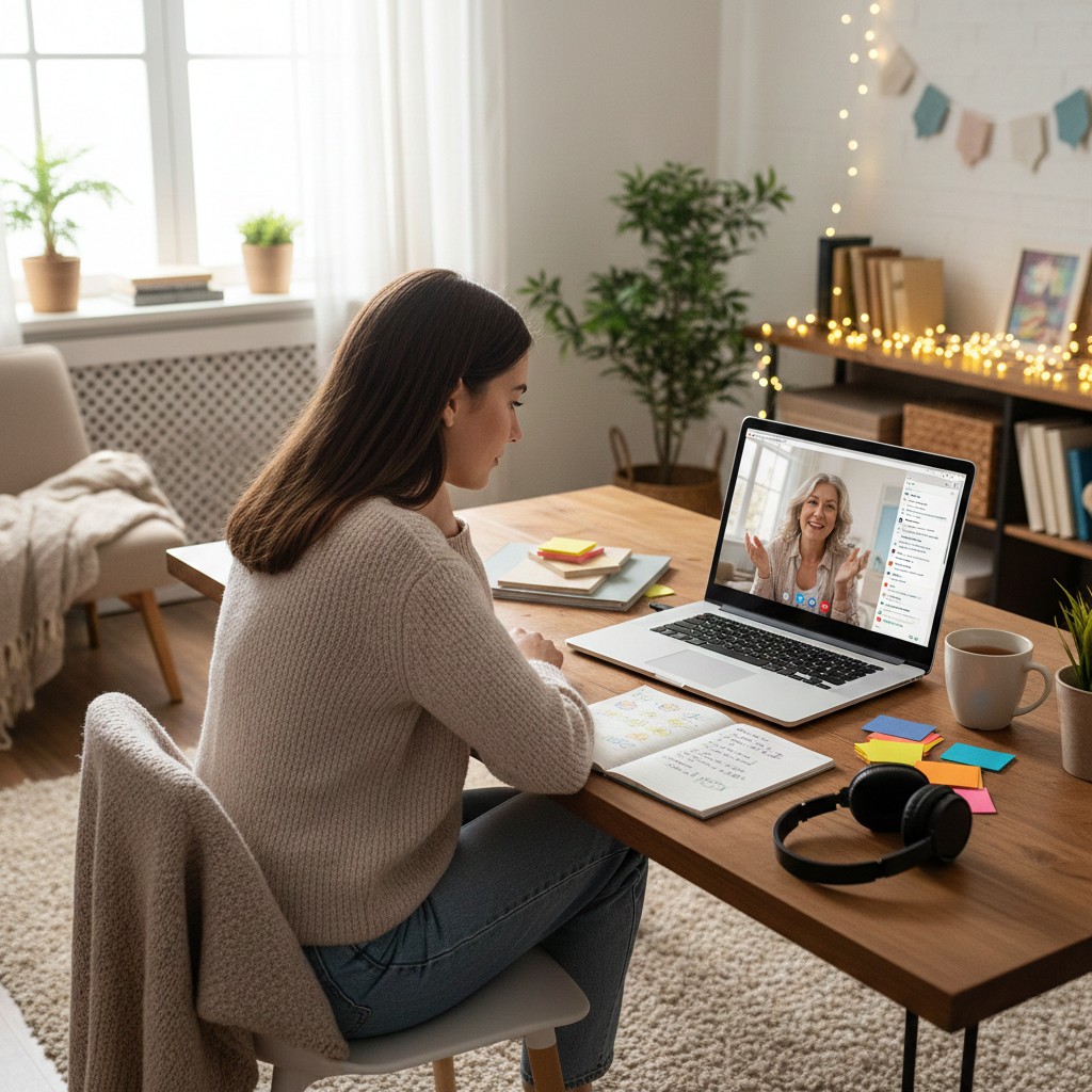 Student learning languages online with tutor